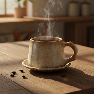 Puede incluir: Una taza de cerámica beige moteada con su plato a juego se encuentra sobre una superficie de madera. La taza contiene un líquido oscuro con vapor visible que emana de la parte superior. Varios granos de café tostado están esparcidos cerca.