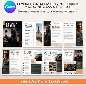 May include: A 20-page digital magazine template titled Beyond Sunday, featuring layouts for a church publication. The design includes sections for a table of contents, pastor's welcome, youth ministry, and worship night with text and photo placeholders.