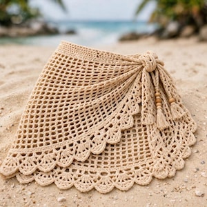 May include: A beige crochet sarong featuring an open-work grid pattern and a scalloped edge. The wrap-style garment is secured at the side with a knotted tie detail, which includes hanging tassels adorned with small, light brown wooden beads.