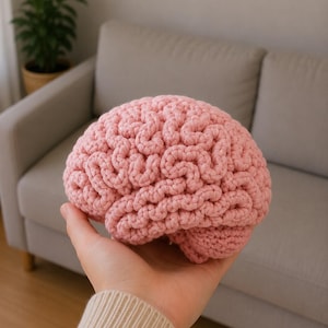May include: A soft, light pink crocheted brain model featuring intricate, raised yarn textures that mimic the anatomical folds and sulci of a human brain. The object is rounded in shape and crafted from a single continuous piece of yarn.