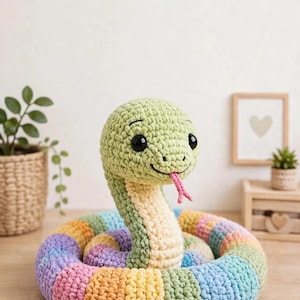 Virkat ormmönster, Amigurumi gosedjur, lång färgglad leksak (PDF-nedladdning)
