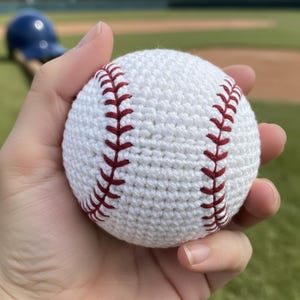 Op de afbeelding: Een witte gehaakte honkbal met rode garen stikseldetails. Het bolvormige object is gemaakt met een getextureerd garen oppervlak en bootst het uiterlijk van een standaard honkbal na met zijn kenmerkende rode vetersluiting over het witte lichaam.