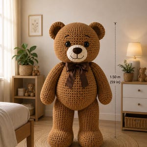 May include: A large brown crochet teddy bear with a dark brown satin bow around its neck, featuring black eyes and a stitched nose and mouth. A vertical measurement line indicates the bear stands at a height of 59 inches.