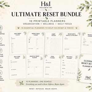 以下が含まれることがあります： Hollow & Inkによる10種類の印刷可能なプランナーセット「Ultimate Reset Bundle」。デイリー、ウィークリー、マンスリーのリセットプランナー、習慣トラッカー、ブレインダンプ、読書ジャーナル、目標設定、ウェルネスプランナーが含まれています。