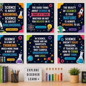 May include: Six square wall posters featuring dark blue backgrounds with colorful science-themed illustrations and inspirational quotes by Neil deGrasse Tyson, John Muir, Carl Sagan, and David Perlmutter, including icons like DNA, rockets, and beakers.