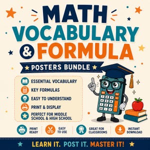 Może przedstawiać: Plakat Math Vocabulary & Formula Posters Bundle z rysunkowym kalkulatorem w czapce absolwenta i okularach obok książek i jabłka. Tekst zawiera Essential Vocabulary, Key Formulas oraz Learn It. Post It. Master It.