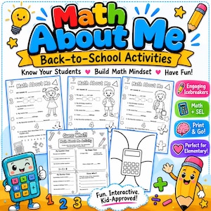 Puede incluir: Un póster educativo colorido titulado Math About Me Back-to-School Activities con personajes de dibujos animados, una calculadora sonriente y un lápiz. Muestra varias hojas de trabajo de matemáticas en blanco y negro con ejercicios.