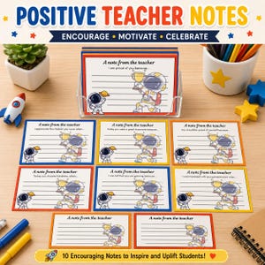 May include: A set of rectangular teacher note cards featuring space-themed illustrations of astronauts holding trophies and planets. Each card includes the text A note from the teacher and blank lines for writing messages, presented in a clear plastic holder.