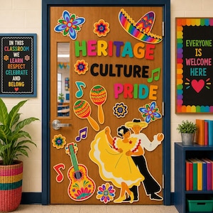 May include: A wooden door decorated with colorful cutouts including a sombrero, maracas, a guitar, and a dancing couple. The text reads HERITAGE CULTURE PRIDE. Additional decorations include musical notes and flowers in various bright colors.