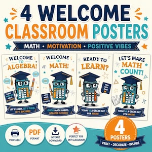 Könnte beinhalten: Vier Klassenzimmer-Poster mit einer Zeichentrick-Taschenrechner-Figur, die eine Doktorhut und eine Brille trägt. Die Poster enthalten Texte wie Welcome to Algebra, Welcome to Math, Ready to Learn und Let's Make Math Count mit mathematischen Symbolen.
