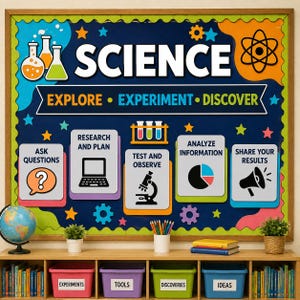 May include: A science-themed classroom bulletin board featuring the text SCIENCE, EXPLORE, EXPERIMENT, DISCOVER, and steps like ASK QUESTIONS, RESEARCH AND PLAN, TEST AND OBSERVE, ANALYZE INFORMATION, and SHARE YOUR RESULTS with colorful icons.
