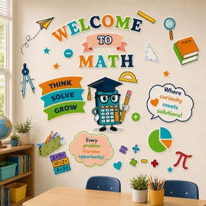 Peut inclure: Un ensemble d'autocollants muraux pour salle de classe avec le texte Welcome to Math, Think Solve Grow et Where curiosity meets solutions. Inclut un personnage calculatrice, des symboles mathématiques, des livres et une règle.