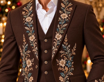 Dreiteiliger Anzug mit brauner Blumenstickerei | Festliche Kleidung für Abschlussball, Hochzeit, Weihnachten