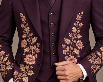 Deep Plum Floral Embroidered Mens Three-Piece Suit