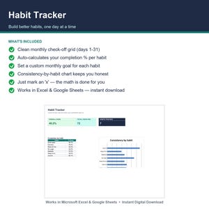 May include: A digital habit tracker spreadsheet template featuring a clean layout with a monthly check-off grid, automated completion percentage calculations, and visual charts for consistency. Includes text: Habit Tracker, What's Included.