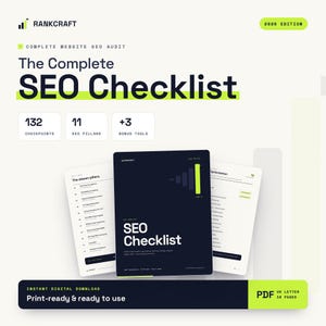 May include: A digital document titled The Complete SEO Checklist 2026 Edition by Rankcraft. It features 132 checkpoints, 11 SEO pillars, and 3 bonus tools. The document is presented as a PDF, US letter size, 18 pages, and is an instant digital download.