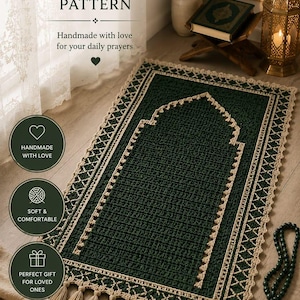 May include: A dark green rectangular crochet prayer mat featuring a central arched design outlined in beige yarn. The mat has a decorative beige lattice border and a row of beige tassels along the bottom edge. Text on the image reads CROCHET PRAYER MAT PATTERN.