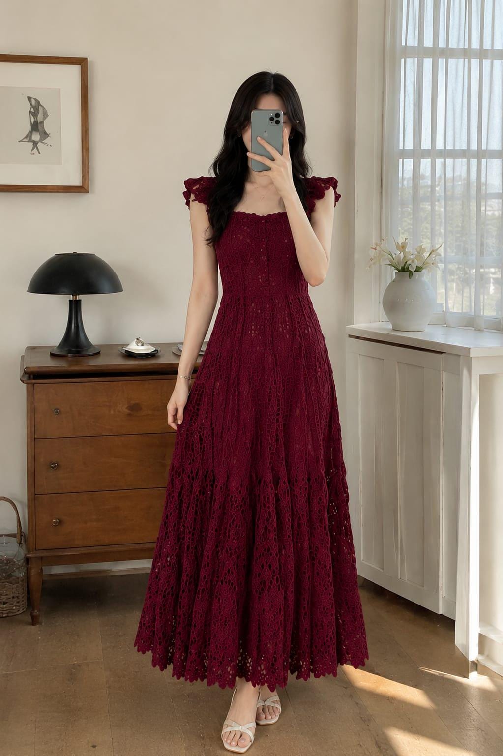 lulakate dresses Lisa Floor-Length Shimmer Floral V-Neck Dress 4 / Gold Shimmer Floral Deep V Neck Size:X-LARGE Size run Beautiful vintage dresser by