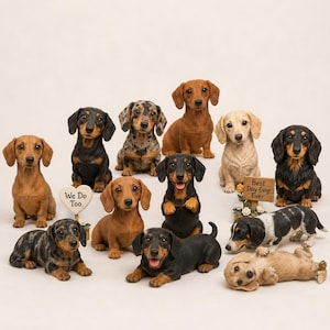 May include: A collection of twelve miniature dachshund figurines in various colors and poses, including solid brown, black and tan, dapple, and cream. Two small signs are included, one heart-shaped reading We Do Too and one rectangular reading Best Day Ever Ever.