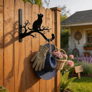 May include: A black metal wall hook featuring a silhouette of a cat perched on a tree branch. The hook supports a pair of tan work gloves, a blue sun hat, and a small woven wicker basket containing pink flowers, all mounted on a wooden fence.