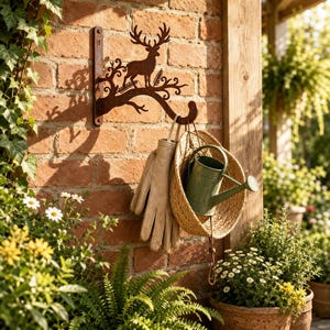 Supporto per cesto appeso a forma di cervo su ramo, in ferro battuto, per piante, da parete, ideale per vasi di fiori, decorazioni per giardino, veranda o stile rustico.
