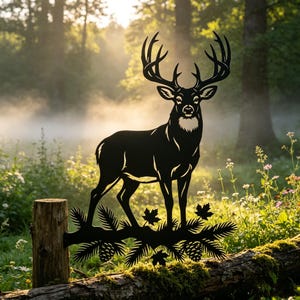May include: A black metal silhouette of a standing deer with large antlers, positioned above a decorative base featuring pine branches, pinecones, and maple leaves. The deer is depicted in profile, facing forward, with a solid, flat design.