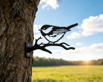 Matte Chickadee Metal Tree Stake, Woodland Bird Silhouette Tree Mount, Rustic Cabin Cottagecore Outdoor Garden Yard Art