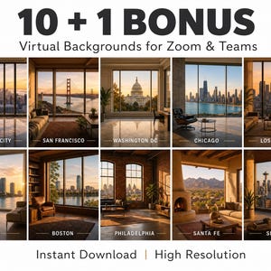 May include: A collection of 10 + 1 bonus virtual backgrounds for Zoom and Teams featuring interior room views with city skylines and landscapes including New York City, San Francisco, Washington DC, Chicago, Los Angeles, Miami, Boston, Philadelphia, Santa Fe, and Seattle.