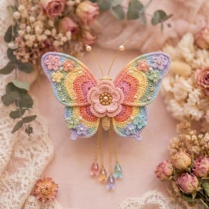 Layered Rainbow Butterfly Crochet Pattern, Applique, Beaded Wings (PDF Download)