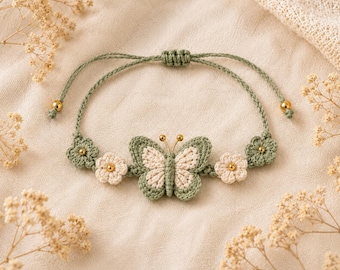 Crochet Butterfly Bracelet Pattern, Sage Flower Amigurumi Tutorial, Adjustable Cord DIY (PDF Download)