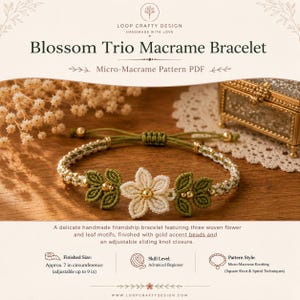 May include: A macrame bracelet featuring a central cream-colored flower motif flanked by two olive green leaf motifs, accented with gold beads on a green cord with an adjustable sliding knot closure. The text reads Blossom Trio Macrame Bracelet.