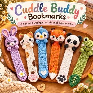 Op de afbeelding: Een set van zes amigurumi dierenbladwijzers met een paars konijn, een lapjeskat, een blauwe pinguïn, een oranje vos, een panda en een groene kikker. Elke bladwijzer is ongeveer 18 cm lang en 4 cm breed, met gedetailleerd haakwerk.