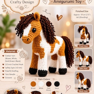 Peut inclure: Un modèle au crochet pour un jouet amigurumi cheval. Le document contient le texte Loop Crafty Design, Cute Horse, et une taille finie d'environ 19 cm. Il présente les couleurs de fil, les listes de matériel et des vues du jouet fini.