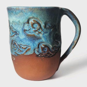 Studio Pottery Blue Glazed Mug Fish Motif Artist Signed CM Red Clay