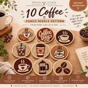 Könnte beinhalten: Eine digitale Sammlung von 10 Punch-Needle-Untersetzermustern mit dem Titel 10 Coffee Punch Needle Pattern Coasters Collection. Die Designs zeigen verschiedene kaffeebezogene Motive wie Tassen, eine French Press und Kaffeebohnen in Brauntönen.