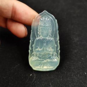 Icy Pale Green Jade Guanyin Pendant Hand Carved Kwan Yin Amulet Translucent Jade Bodhisattva Necklace Charm