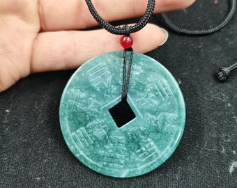 Natural Green Jade Mountain Ghost Coin Pendant Chinese Bagua Amulet Adjustable Cord Lucky Necklace