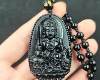 Zwarte obsidiaan Manjushri hanger, gesneden boeddhistische bodhisattva ketting, meditatie spirituele sieraden