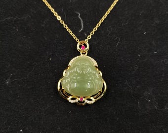 Colar com Pingente de Buda Risonho em Jade, Amuleto da Sorte Buda, Joia Espiritual Esculpida à Mão em Jade Verde