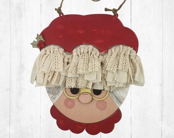 Rustic Mrs. Claus Door Hanger | Rag Christmas  Bedroom Door Hanger | Farm Mrs. Claus | Christmas decor | Wood Mrs. Claus Christmas Porch