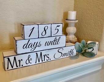 Personalized Wedding Countdown Blocks – Rustic Mr. & Mrs. Engagement Timer, Custom Nuptial Date Tracker, Engagement gift