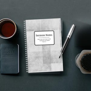 May include: A white spiral bound notebook with a gray checkered pattern and the text "Sermon Notes" in a black rectangle. The text below the title reads "Show me your ways, Lord, teach me your paths. Psalm 25:4".