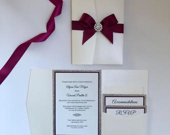 Wedding/Evening Invitations Personalised EMBOSSED rhinestones bow 