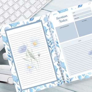 May include: A blue and white floral patterned notebook with a section for sermon notes. The notebook has a spiral binding and includes sections for the date, title, preacher, scripture reference, key points, and notes.
