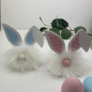 Fluffy Pink Pom Pom Easter Bunny with Plaid Ear Accents, Perfect Spring Decor