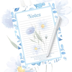 May include: A blue and white floral patterned printable notepad with lined paper and the text "Notes" at the top. The quote "The Lord himself goes before you and be with you. He will never leave you nor forsake you. Do not be afraid, do not be discouraged. Deuteronomy 31:8" is at the bottom of the page.