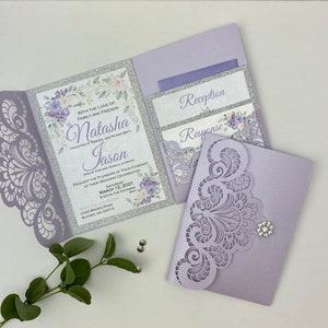 Lavender and silver wedding invitation,  laser cut pocket wedding invitation suite, folder wedding invitation, Formal elegant Invitationss