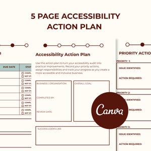 May include: A 5-page accessibility action plan document template with dark brown text on a cream background. It includes sections for business details, overall goals, success criteria, and a priority action table with fields for issues and required actions.