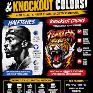 May include: A black and white informational graphic titled WE OFFER HALFTONES & KNOCKOUT COLORS. It features a black and white portrait of a person wearing a cap, a colorful tiger illustration, and text detailing print-ready file formats and methods.