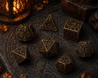 Celtic Knot Hollow Metal Dice Set, Shadow Black Ancient Gold Dark Copper, 7-Piece Polyhedral DnD